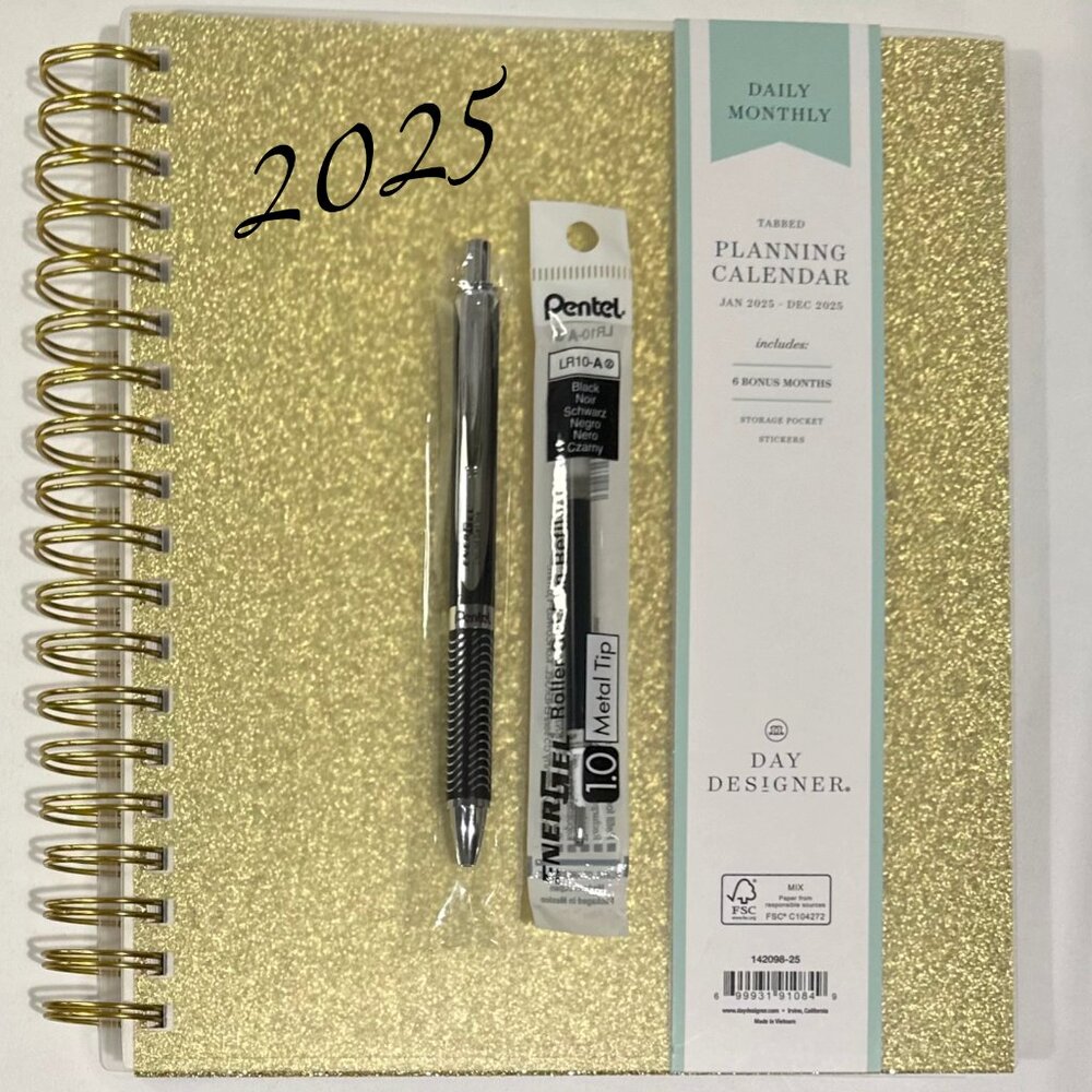 2025 Day Designer Planner| Daily/Monthly | 8 x 10 | Golden Glitter Cover